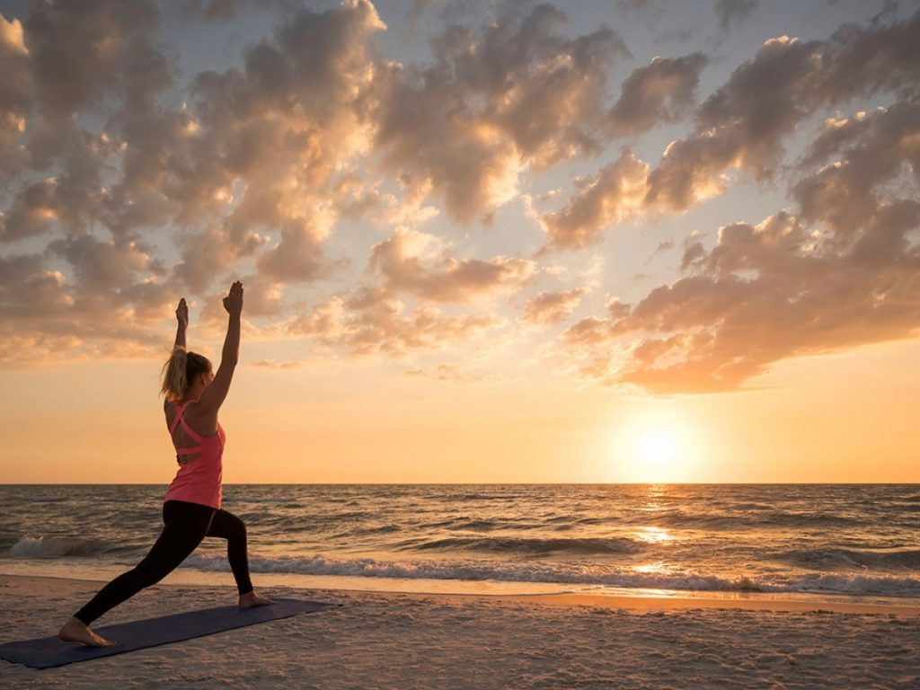 girl doing yoga on beach during sunrise